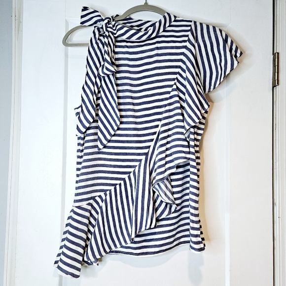 Nicole Miller Tops - Nicole Miller Atelier Striped Asymmetrical Ruffle Blouse Tie Neck Top S